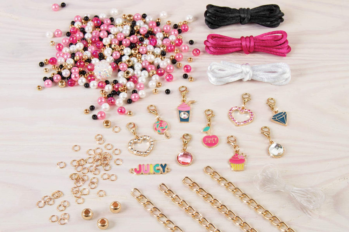 Bracelet assembly scene shows beads, cords, and jump rings for hands-on crafting.