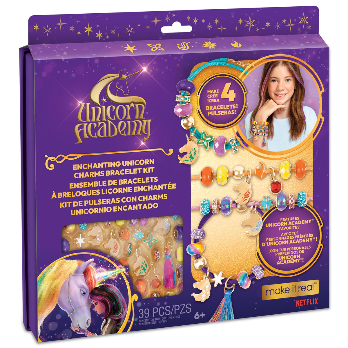 Make It Real Unicorn Academy bracelet kit cover with charms for imaginative DIY jewelry.