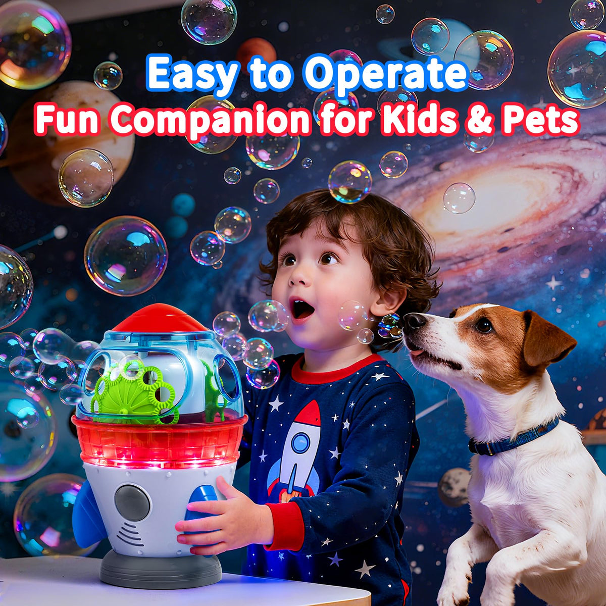 MAKE KIDS SMILE BUBBLE FUN battery-powered design for cord-free outdoor fun.