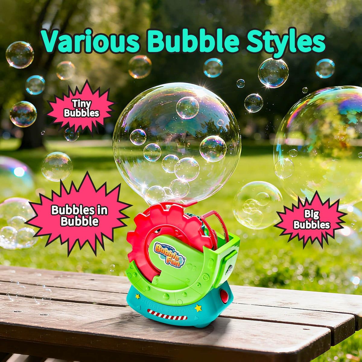 Bubble-in-bubble effect with shimmering bubbles circling around children.