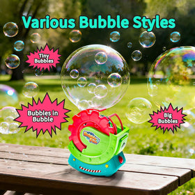 Bubble-in-bubble effect with shimmering bubbles circling around children.