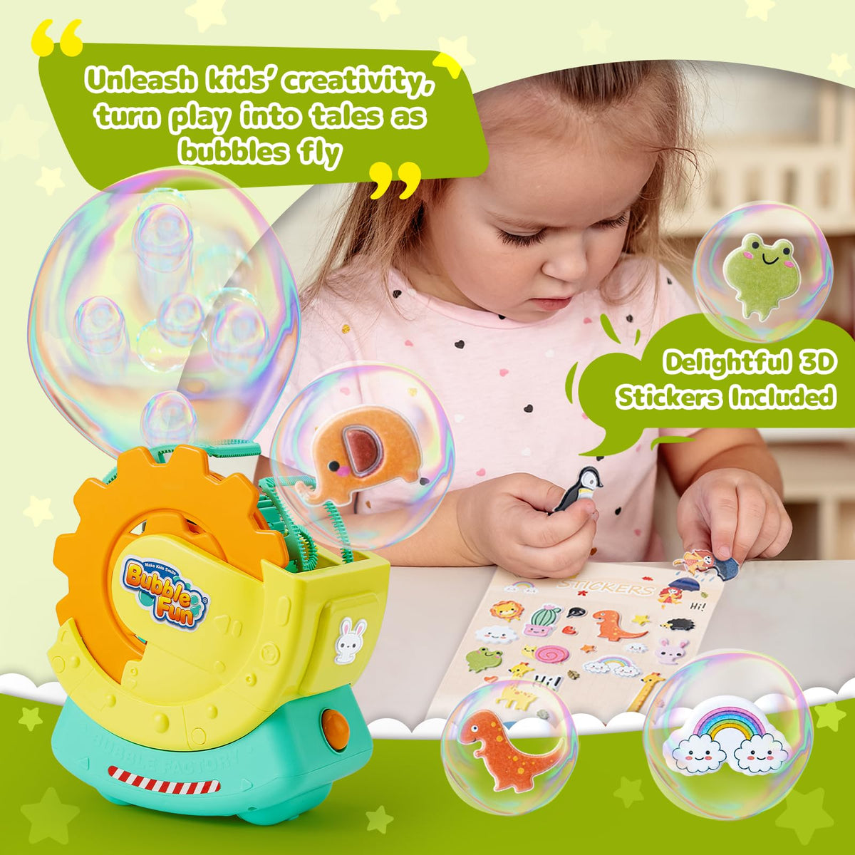 MAKE KIDS SMILE BUBBLE FUN dual-battery-powered machine runs up to 60 minutes.