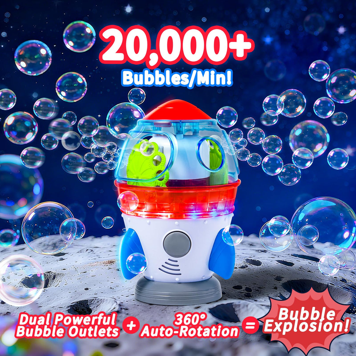 MAKE KIDS SMILE BUBBLE FUN dual outlets rotation spreads bubbles around play area.