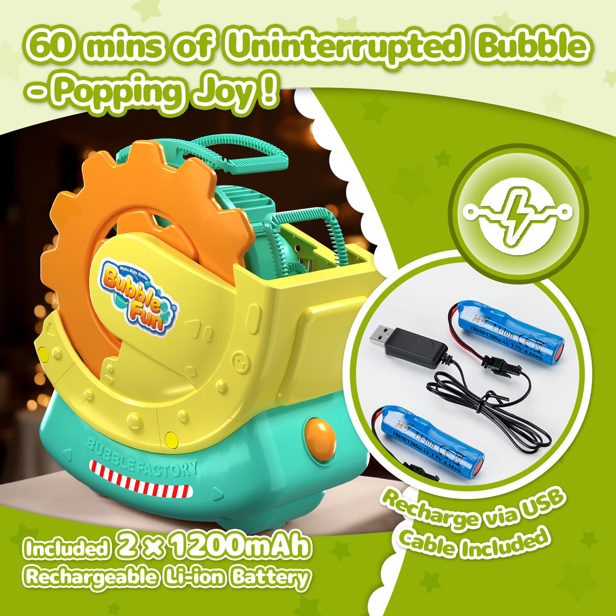 MAKE KIDS SMILE BUBBLE FUN fast-automatic-operation ensures effortless bubble magic.