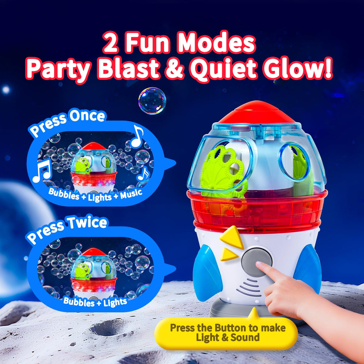MAKE KIDS SMILE BUBBLE FUN LED lights and music enhance bubble play visuals.