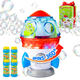 MAKE KIDS SMILE BUBBLE FUN rocket bubble machine, front view, boosts outdoor bubble fun.