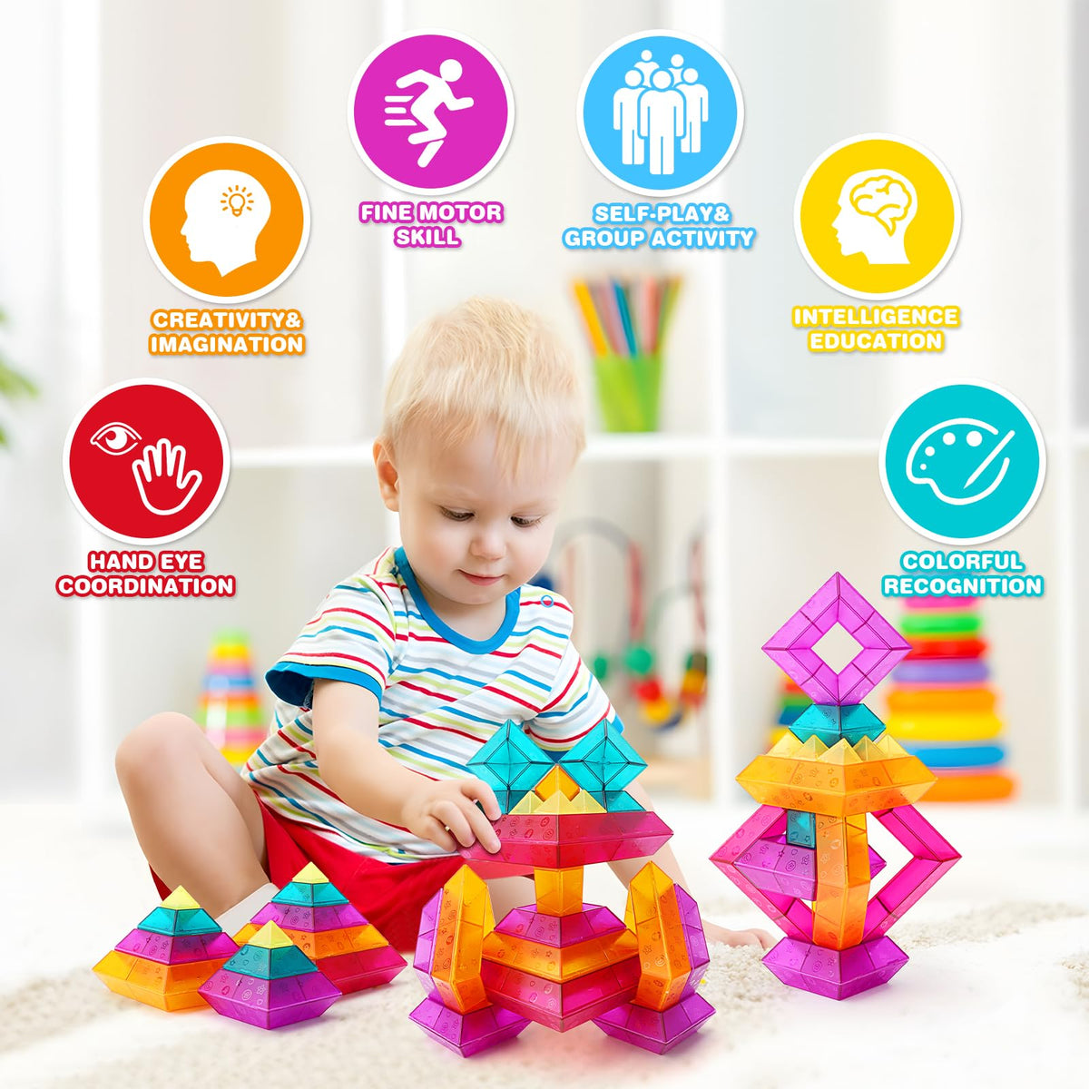 MAKE KIDS SMILE BUBBLE FUN translucent blocks on a light table create stunning color effects.