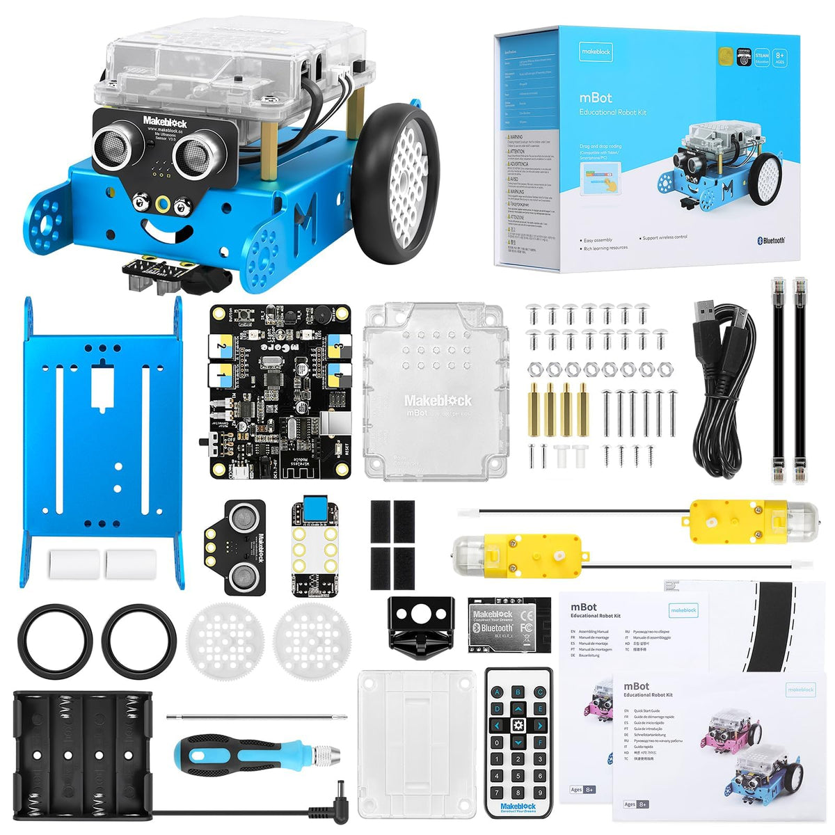 Makeblock mBot robot kit front view shows beginner-friendly design for learning code