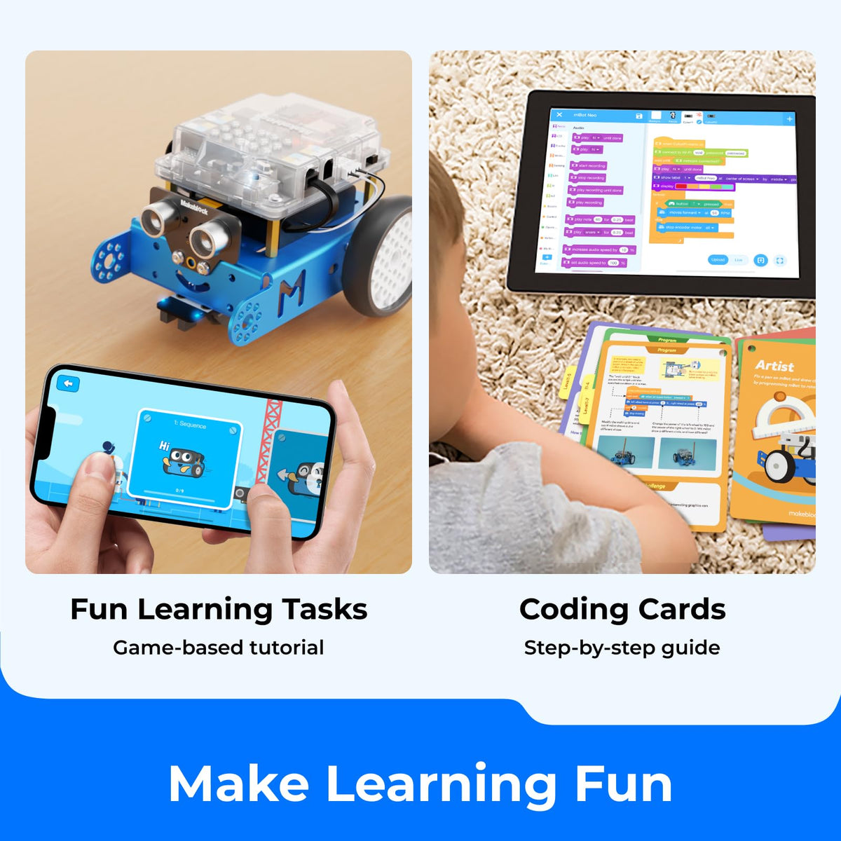 Makeblock mBot tutorials and apps shown for coding learning