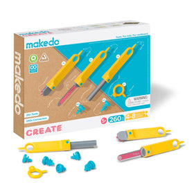 Makedo Create toolkit open box showing 260 pieces for imaginative cardboard builds.