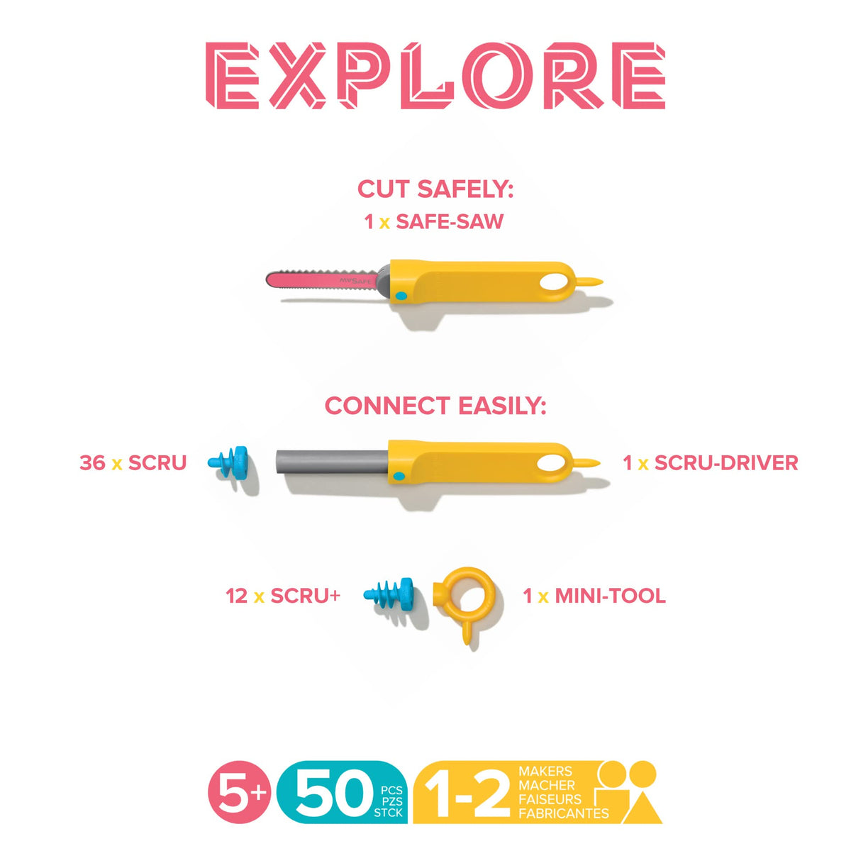 Makedo Explore 50-piece-pack spread shows versatile components for open-ended projects