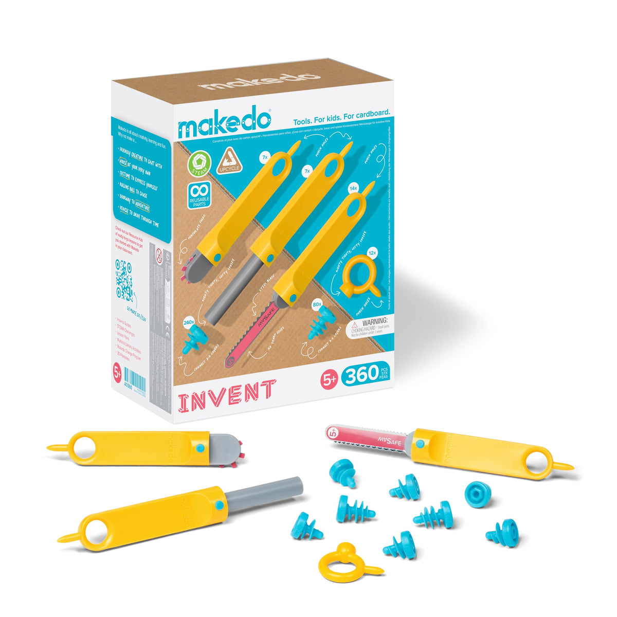 Makedo Invent cardboard toolbox opened for group play and exploration.