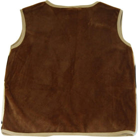 Making Believe brown cow-print vest close-up shows soft microfleece texture.
