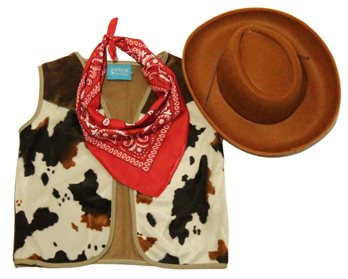 Making Believe kids western vest in brown cow print, ideal for dress-up play.