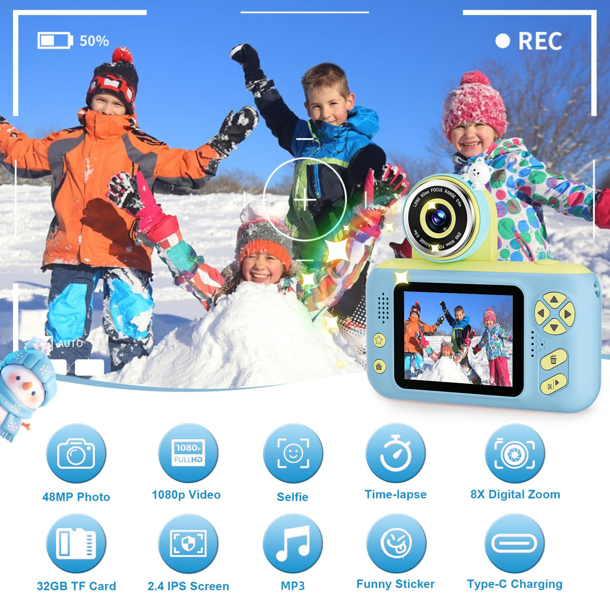 Makolle Kids Camera neck strap and tripod enable easy on-the-go filming.