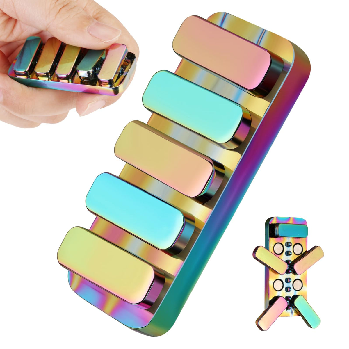 MAKWEN metal fidget slider with rainbow finish for satisfying tactile feedback.