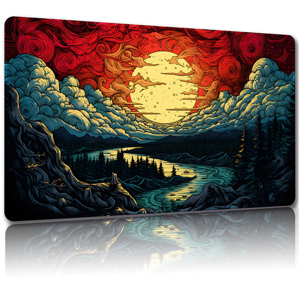 Malqiqi playmat top view showing 24x14 inch MTG setup for desk use