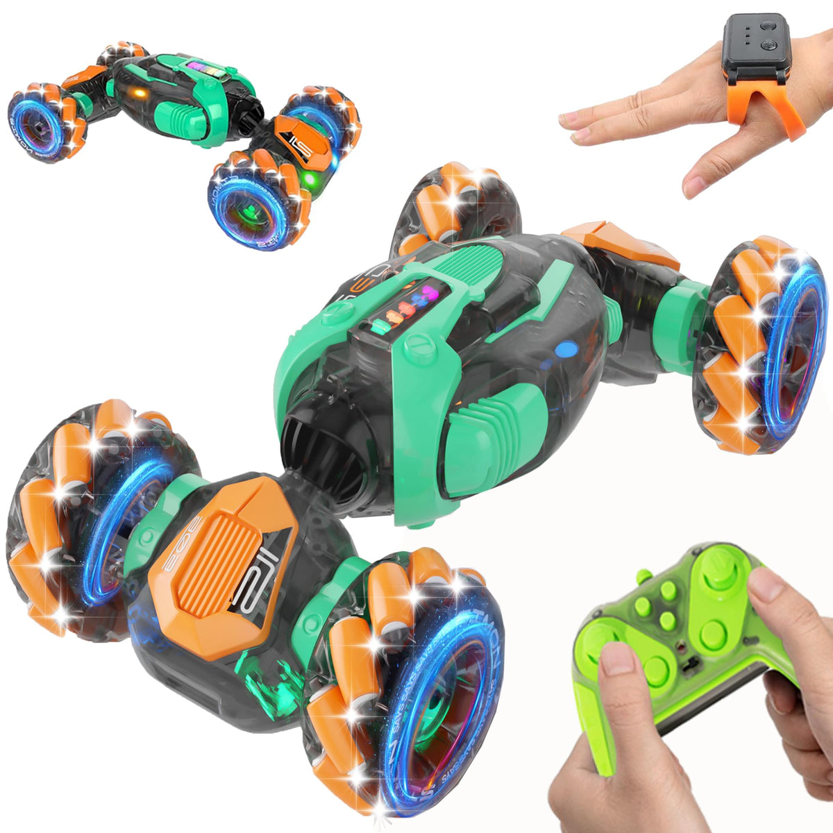 Mamikidlike gesture sensing RC stunt car front view with bright indoor lights