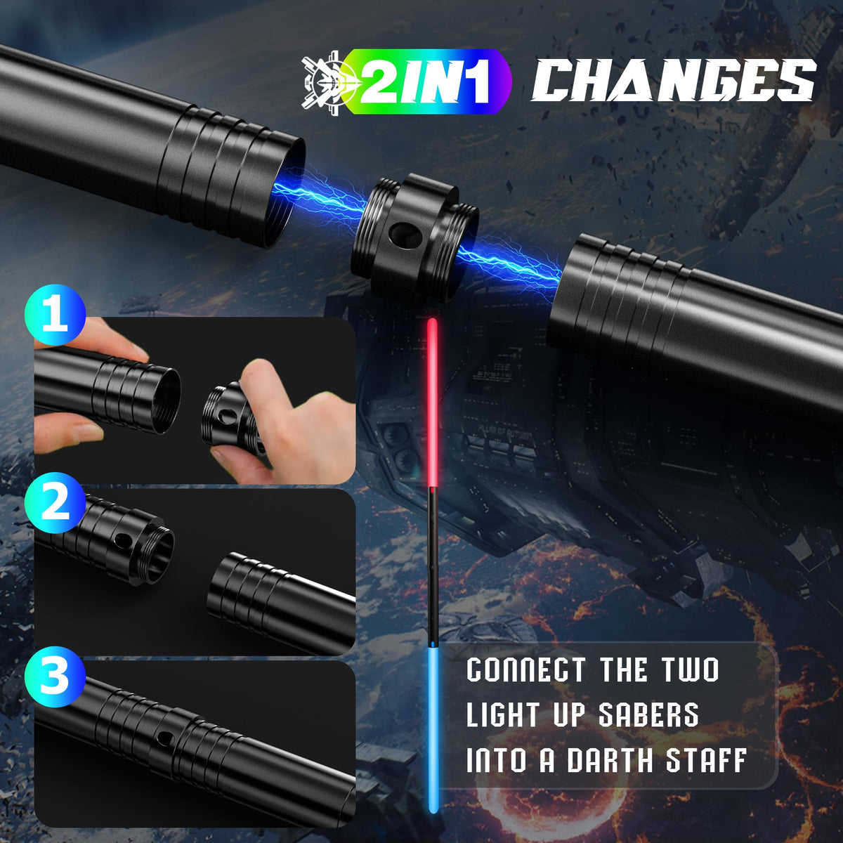 MAMXUAN dual-sword setup showing 2-in-1 design for double-edged action.