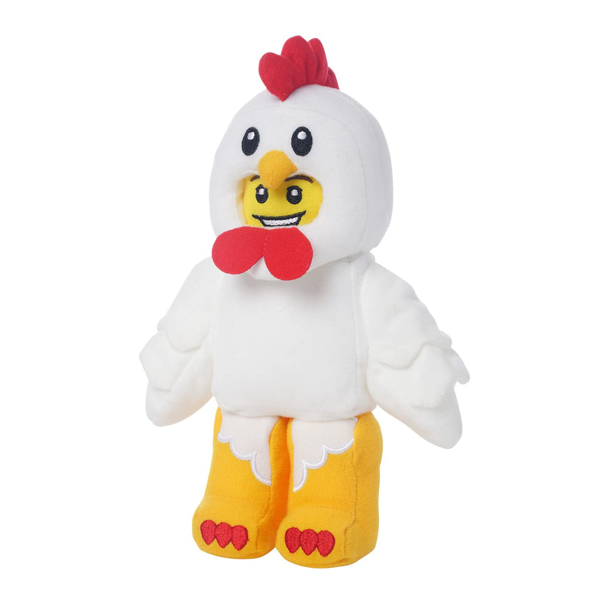 Manhattan Toy Lego Minifigure Chicken Suit Guy 9-inch plush standing on shelf for display