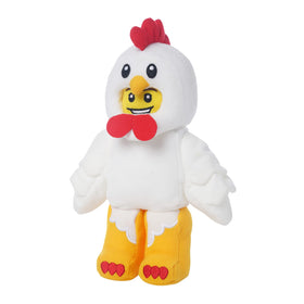 Manhattan Toy Lego Minifigure Chicken Suit Guy 9-inch plush standing on shelf for display