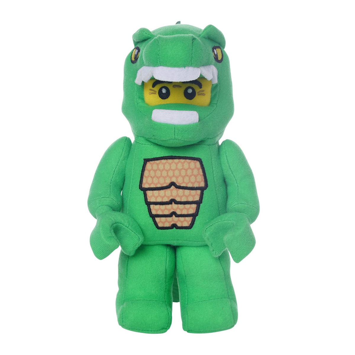 Manhattan Toy Lego Minifigure Lizard Man plush stands upright for shelf display.