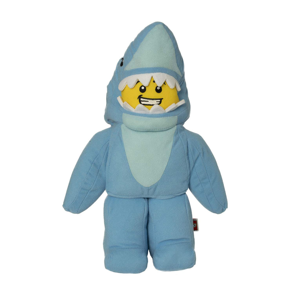 Manhattan Toy Lego Minifigure Shark Suit Guy plush standing upright for display.