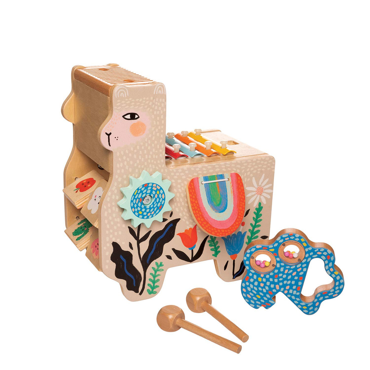 Manhattan Toy Musical Lili Llama tail maraca adds tactile rhythmic play for tiny hands.