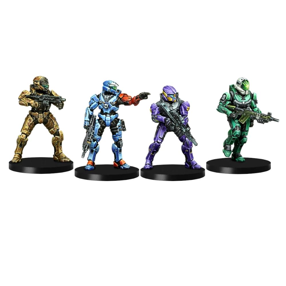 Mantic Halo Flashpoint precolored miniatures highlight red vs blue Spartan teams.