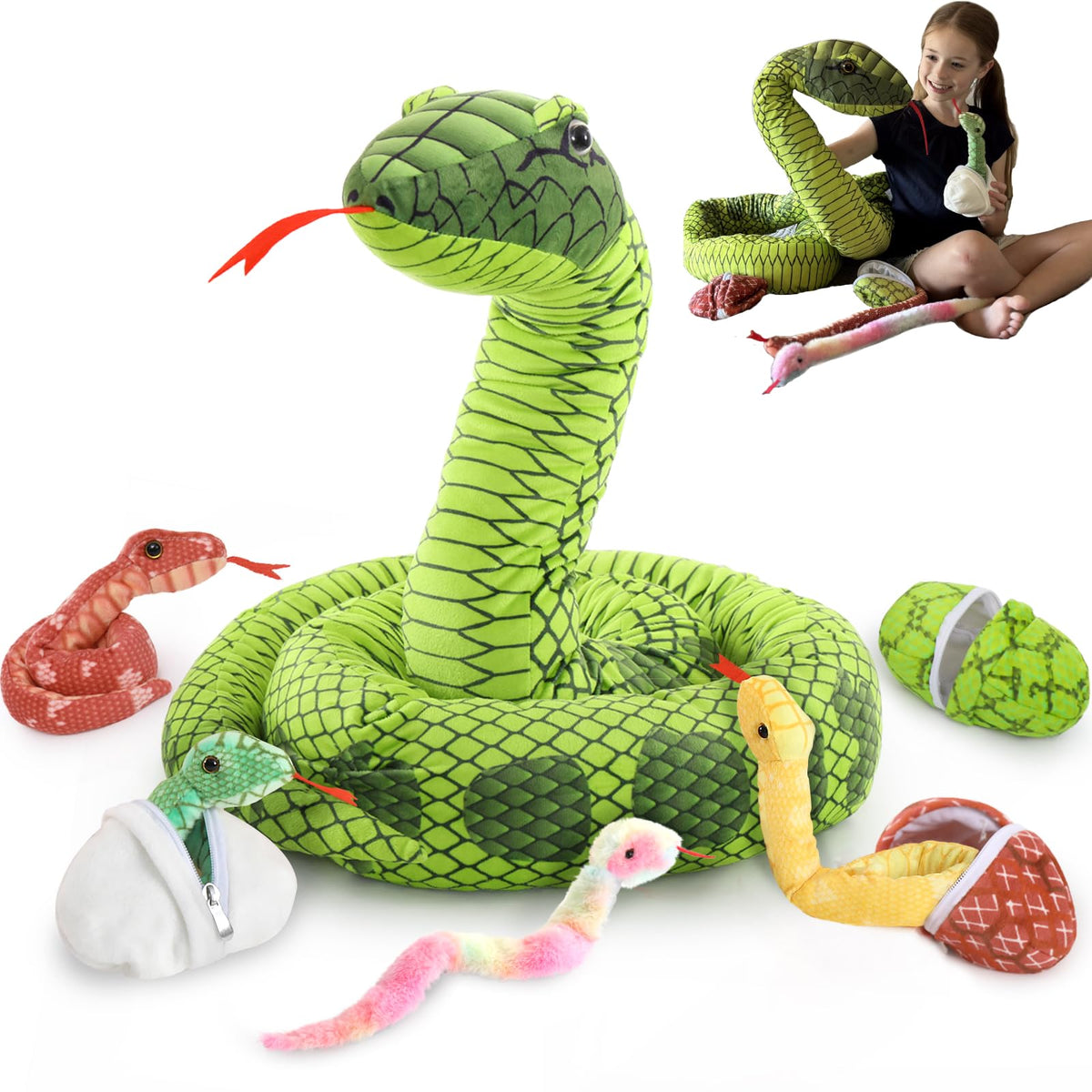 MaoGoLan 118-inch giant green snake with zipper belly for easy storage.