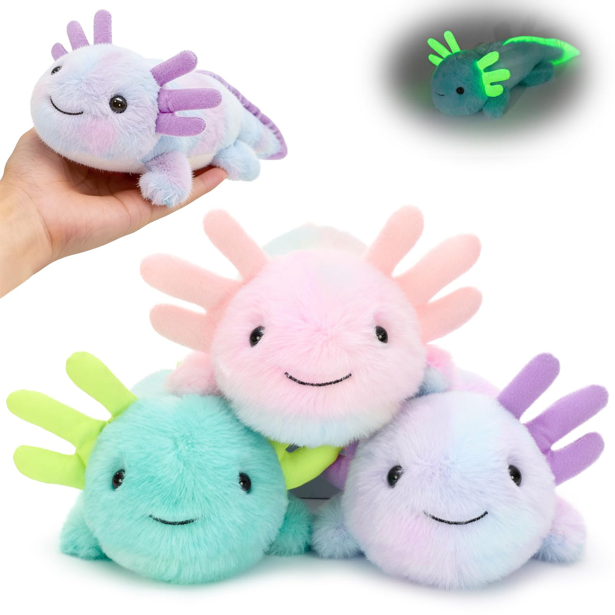 MaoGoLan axolotl plush glowing in the dark after light exposure for bedtime magic