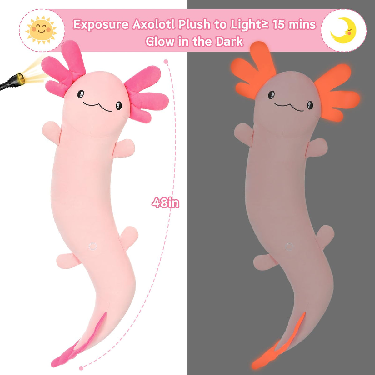 Glow-in-the-dark axolotl plush adds nighttime whimsy to any room.