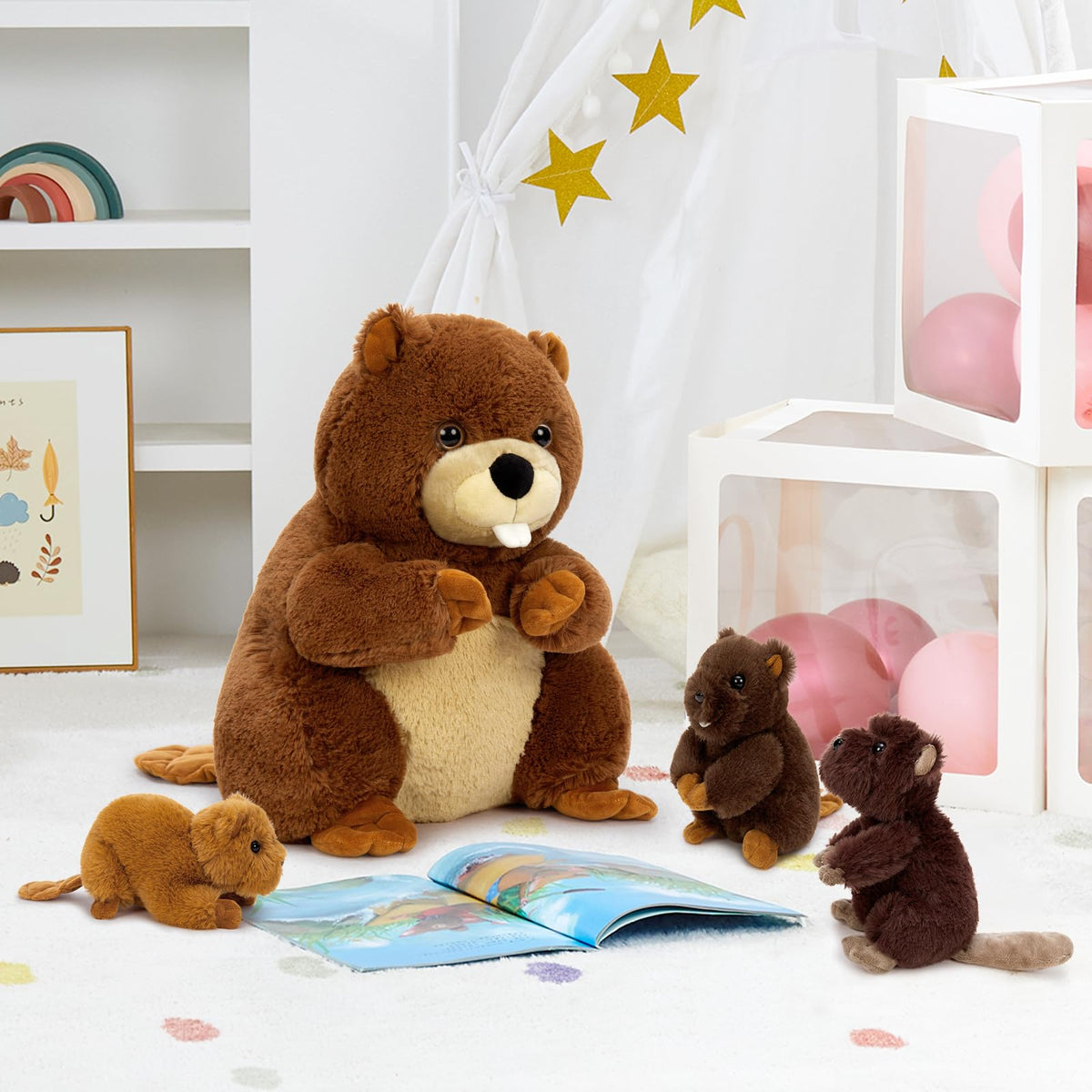 MaoGoLan stuffed beaver set on a bed promotes cozy bedtime stories