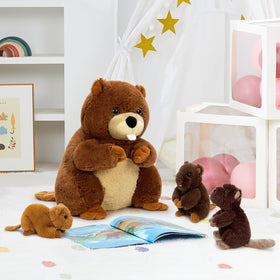 MaoGoLan stuffed beaver set on a bed promotes cozy bedtime stories