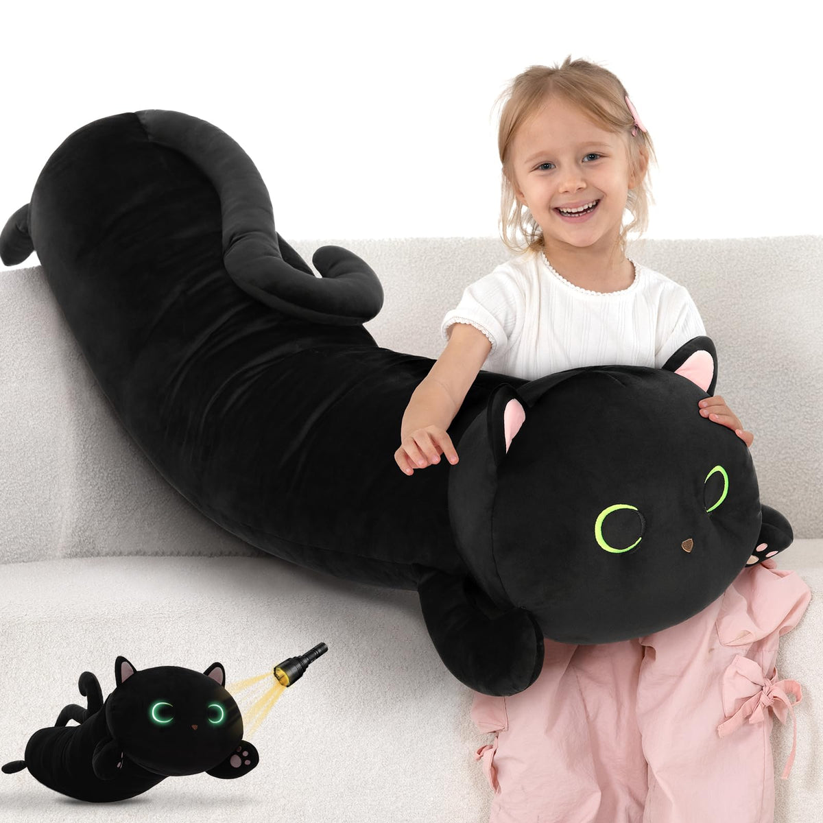 MaoGoLan black cat plush 44-inch cuddle pillow for bedtime comfort.