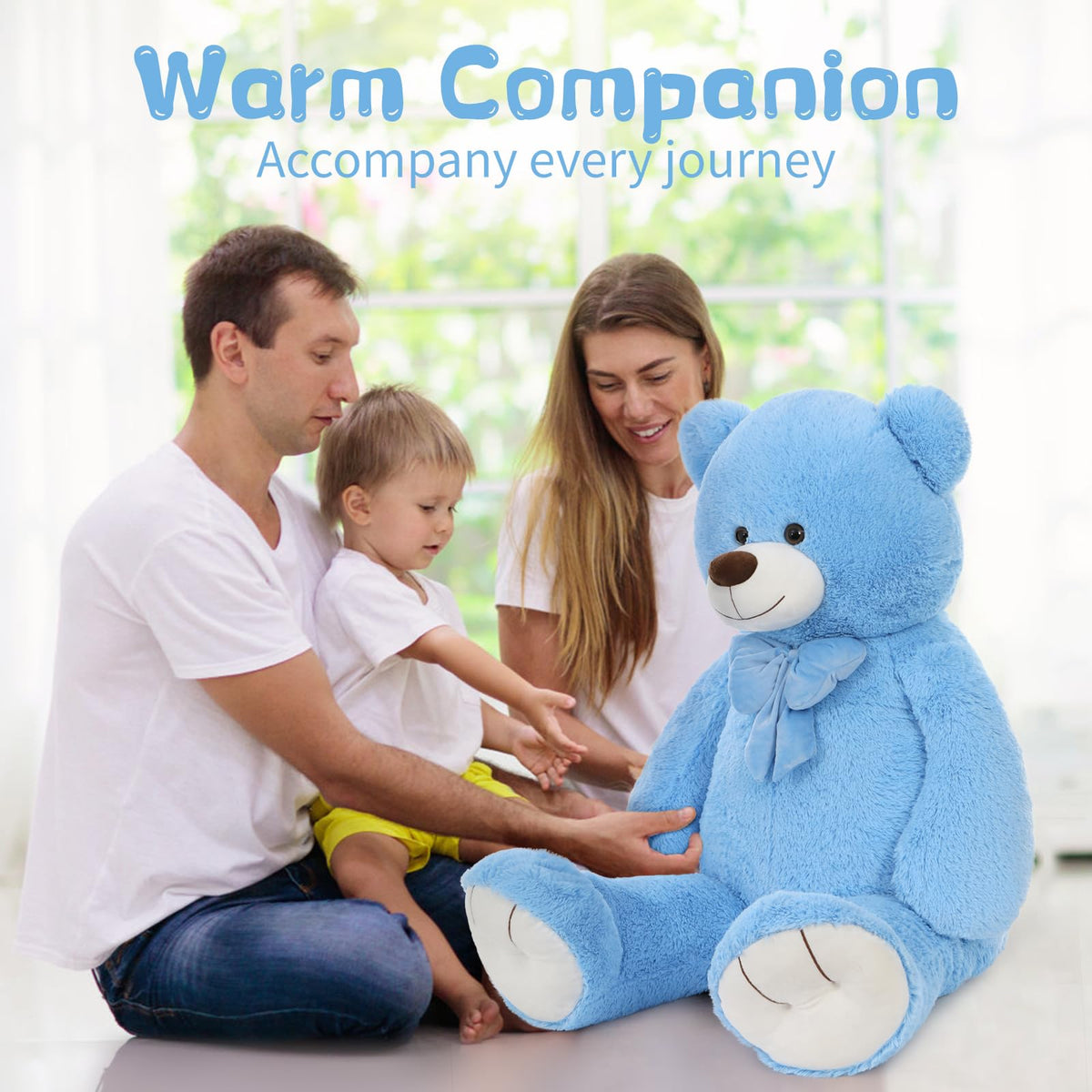 Maogolan blue teddy bear displayed as bedroom decor in nursery.