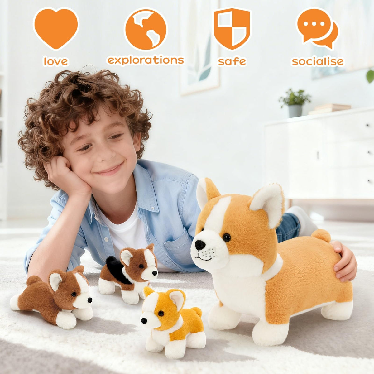 MaoGoLan corgi plush set display, charming nursery decor.