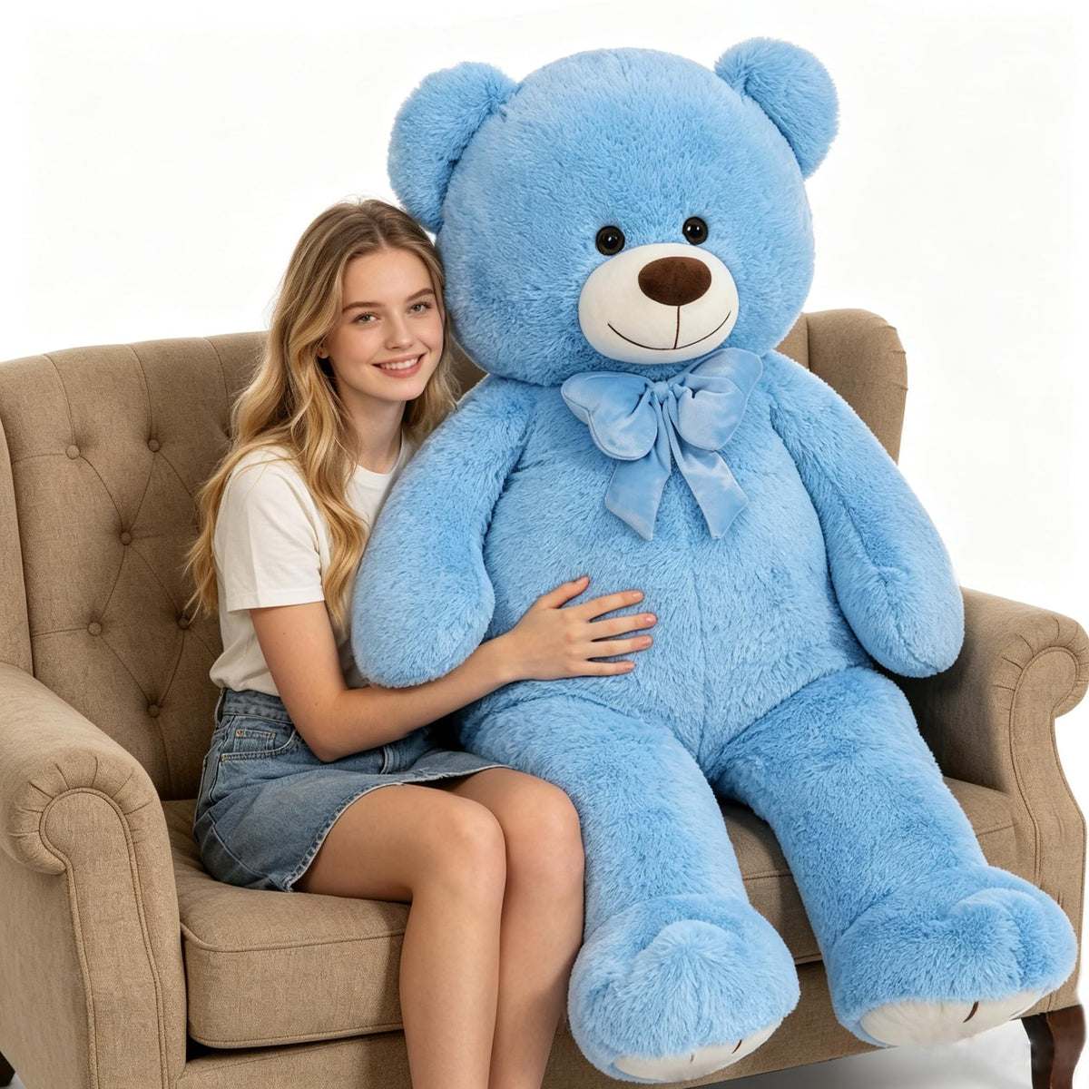Maogolan giant blue teddy bear, full-body view showing lifelike size for comforting snuggles.