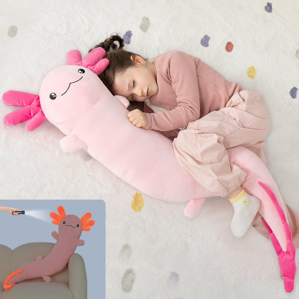 MaoGoLan giant axolotl plush body pillow in hot pink, ideal for cozy hugs.