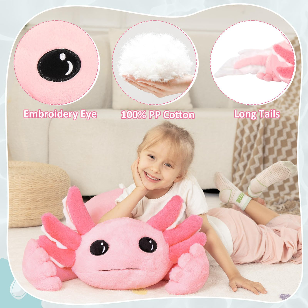 MaoGoLan plush features feathery gills and soft fur for comforting hugs