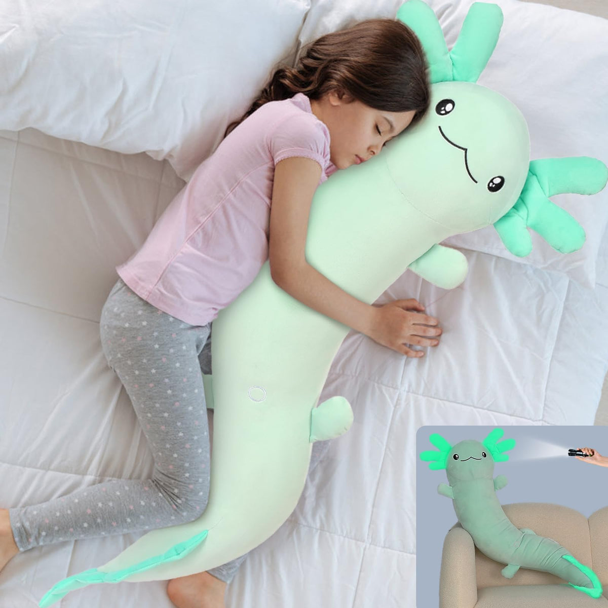 MaoGoLan giant axolotl plush pillow in green for cozy cuddling and decor.