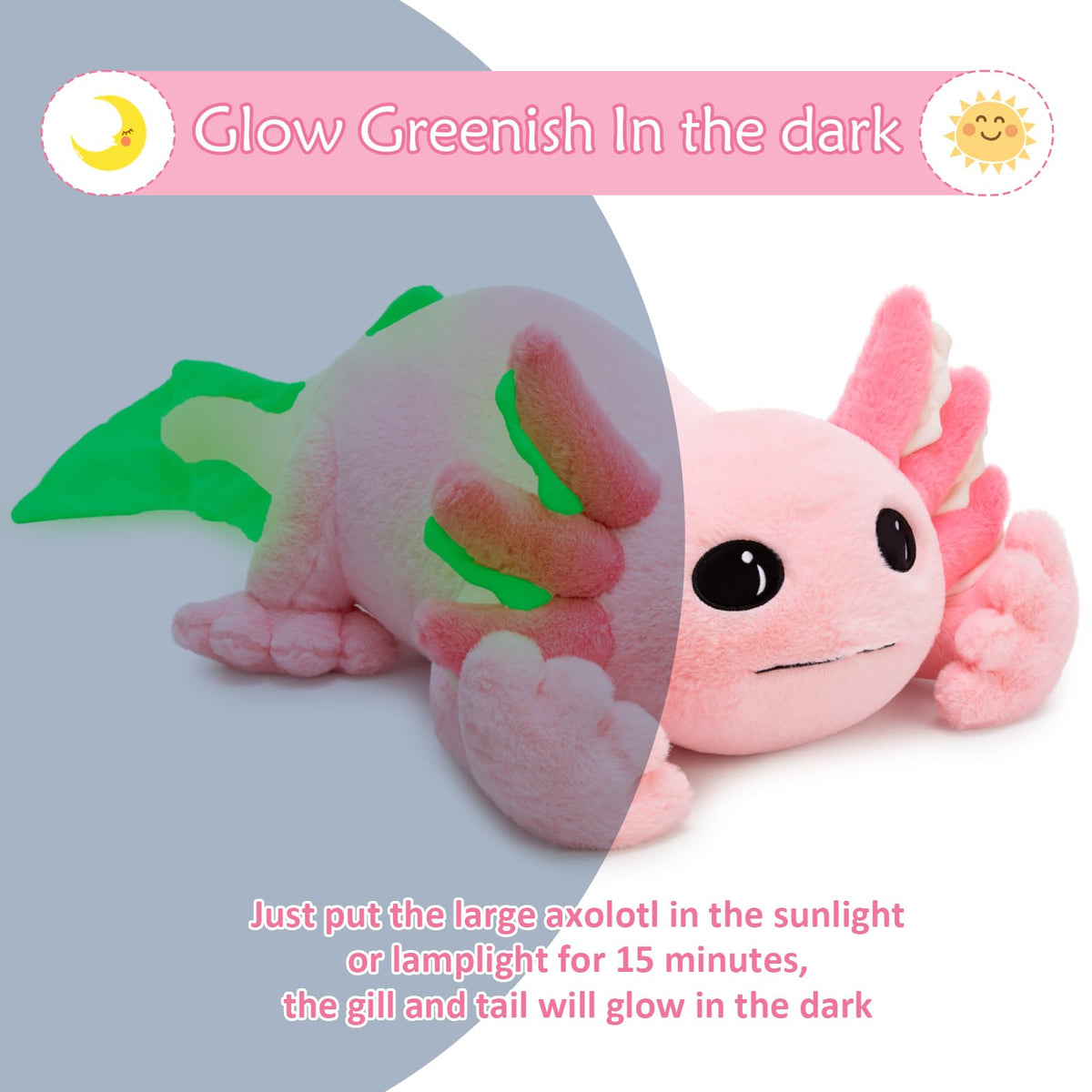 MaoGoLan glow-in-the-dark axolotl plush provides ambient light after exposure