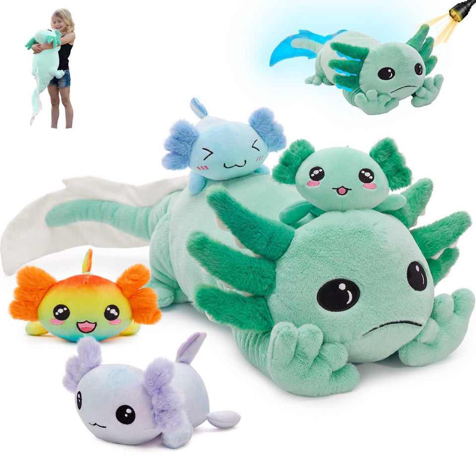 MaogoLan giant axolotl plush with babies inside glows softly for cozy night decor.