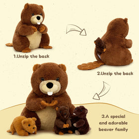 MaoGoLan beaver plush pouch unzips to reveal cuddly babies, perfect for storytelling