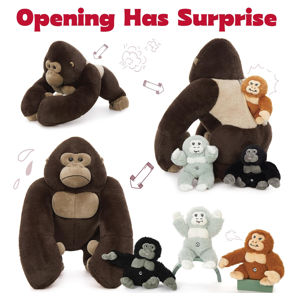 MaoGoLan giant gorilla plush with three baby gorillas inside for interactive play.