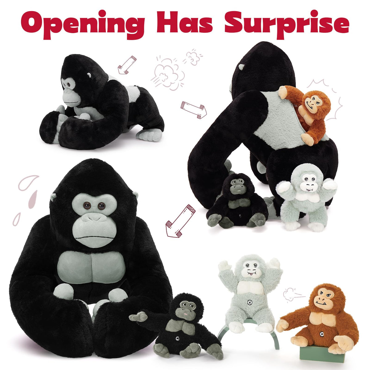 MaoGoLan giant gorilla plush with babies, ideal for imaginative play.