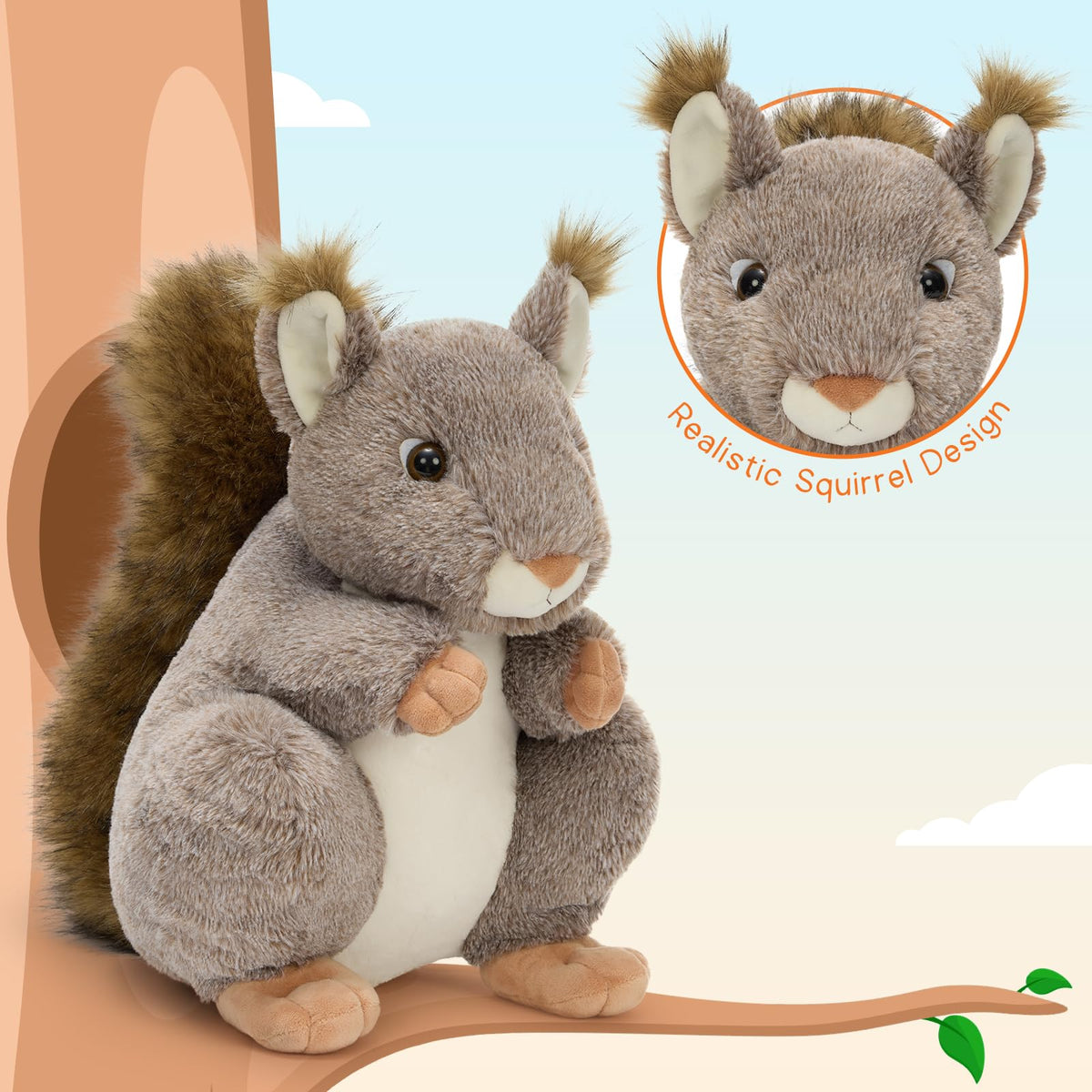 MaoGoLan squirrel plush shows realistic stitching detail for lifelike pretend forest adventures.