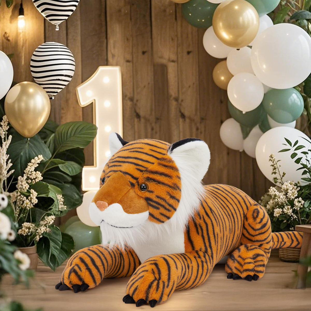 MaoGoLan giant tiger toy on bed or shelf, enhances playful room aesthetics.