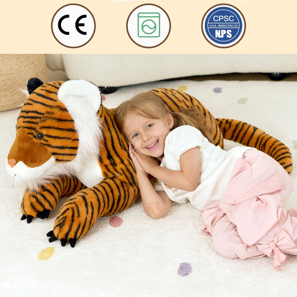 MaoGoLan giant tiger toy orange fur close-up, bright hues for cozy decor.