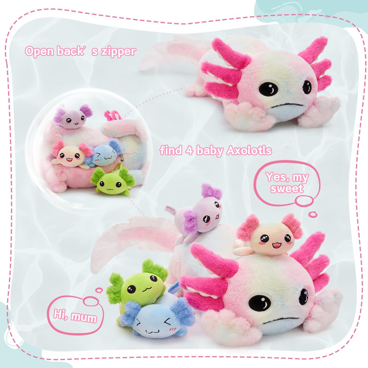 Odor-free and colorfast axolotl plush set; safe for daily use and gifting.